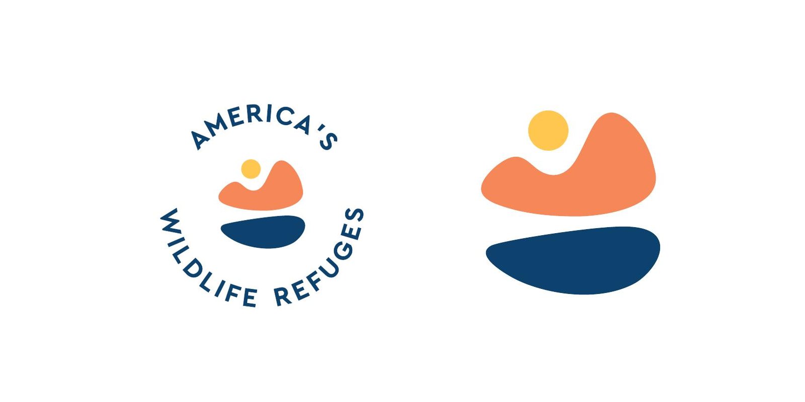 The secondary logo and logomark: sun, land and water, stacked like a cairn